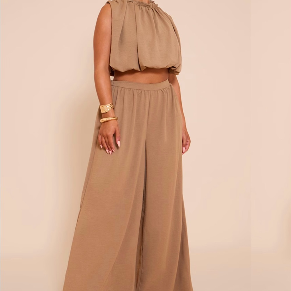 PLT Camel Hammered Satin Ballon Blouse and HighWaisted Wide Leg Pant Set